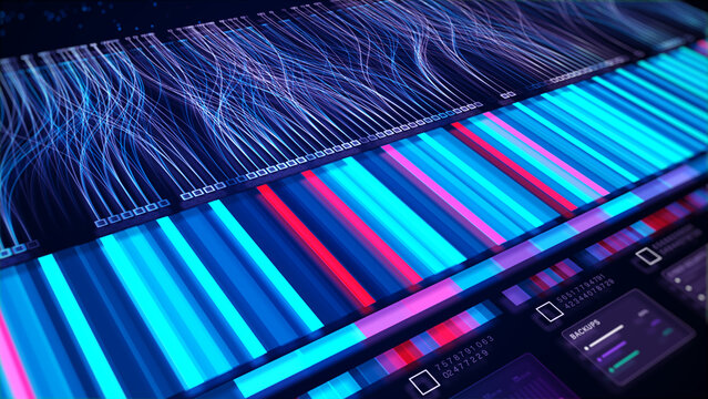 Abstract Data Visualization, Flowing Digital Lines Analytics On A Futuristic Interface, Big Data Analytics, Artificial Intelligence Technology Abstract Background, 3d rendering