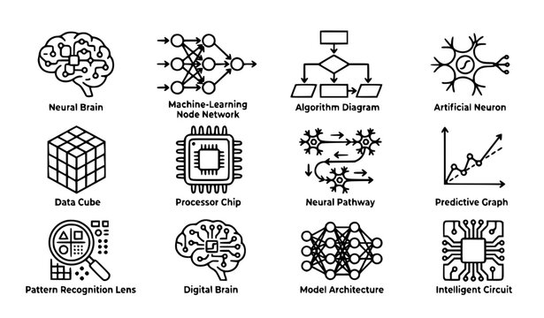 Artificial intelligence core technology and neural computing outline icons