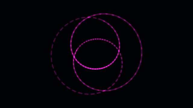 Abstract interlocking neon pink rings spinning in seamless loop against pitch black background.