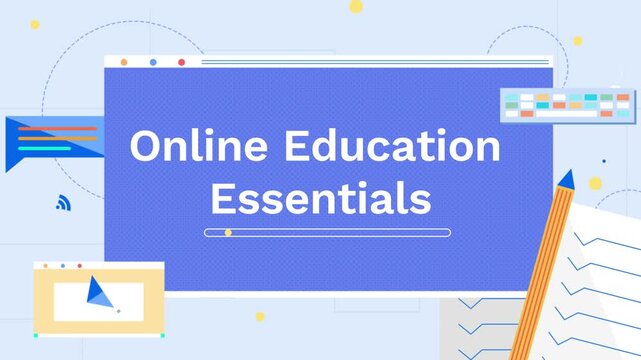 Education interface graphic showcases online learning essentials with digital browser windows and note tools.