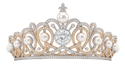 Golden tiara with pearls and isolated on transparent background © Sarkar