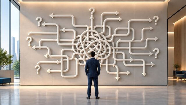 Businessman Standing Before Complex Tangled White Pipes With Question Marks For Problem Solving Concept