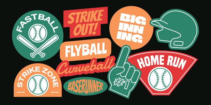 Baseball sticker set with sport terminology and equipment icons in flat vector style