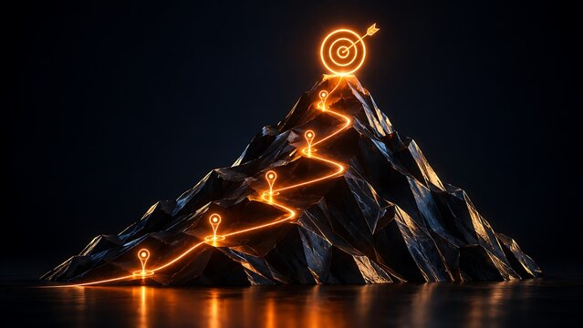 Glowing Orange Path Winding Up Mountain To Target Arrow For Business Goal And Strategy Concept
