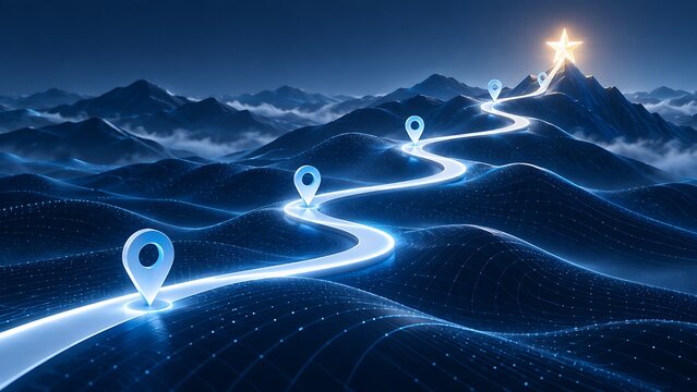 Digital Blue Mountain Landscape With Glowing Path To Star For Ultimate Success And Journey Concept