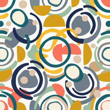 Seamless pattern with abstract hand drawn geometric shapes and circles in modern colorful style.
