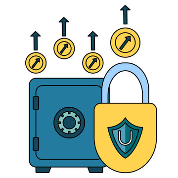 Financial Security Safe Vault with Padlock and Rising Wealth Coins