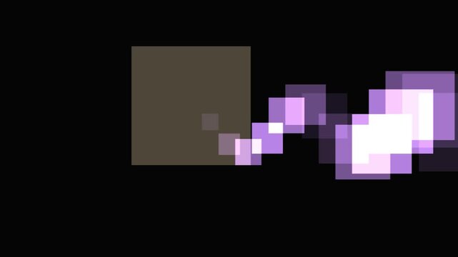 Abstract square pixel movement with pulsing purple light trail against minimal black background scene.