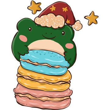 kawaii frog cartoon hugging macarons with Christmas hat and star