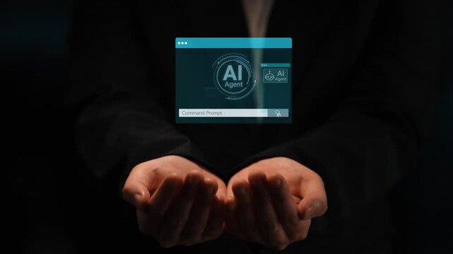 Hands Holding Digital Interfaces Representing AI Technology and Command Prompts in a Dark Environment for Innovation and Future Concepts. Entropy.