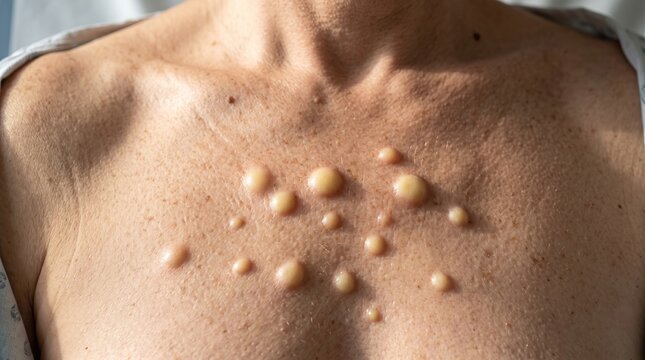 Multiple raised fluid-filled blisters and pustules on chest skin