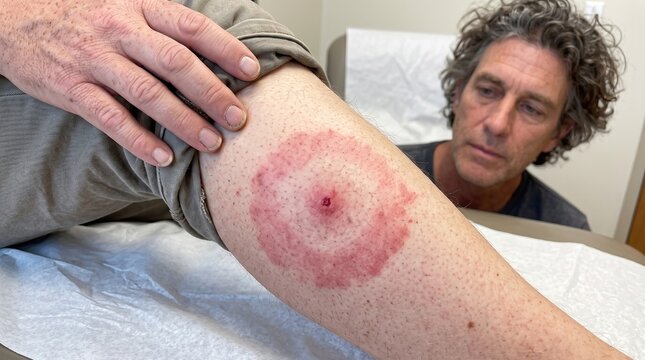 Classic erythema migrans bulls-eye rash on leg from tick bite in Lyme disease