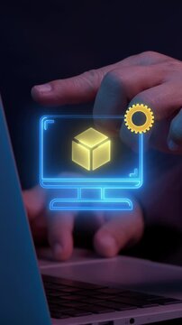 Businessman typing laptop keyboard vertical shot with glowing screen displaying rapid prototyping icon. Agile product development modeling, fast manufacturing test, and design concept.