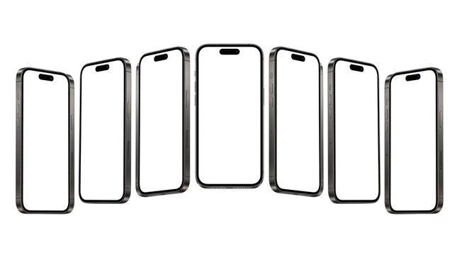 Array of seven modern smartphones with blank white isolated on transparent background