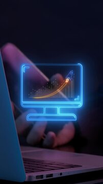 Close-up vertical shot of hands typing laptop keyboard with glowing monitor displaying growth chart. Financial investment analytics progression, market revenue acceleration, and profit idea concept.