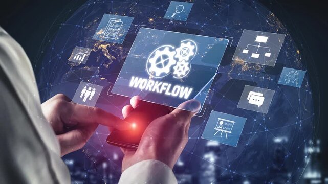 Workflow optimization concept featuring interconnected gears, task management, collaboration, process mapping, review, and automation for business productivity and efficiency Marrow