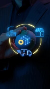 Businessman hands cupping glowing circular logistics cycle vertical shot with cargo box, truck, and shop. Omnichannel retail supply chain fulfillment, automated delivery, and market idea concept.