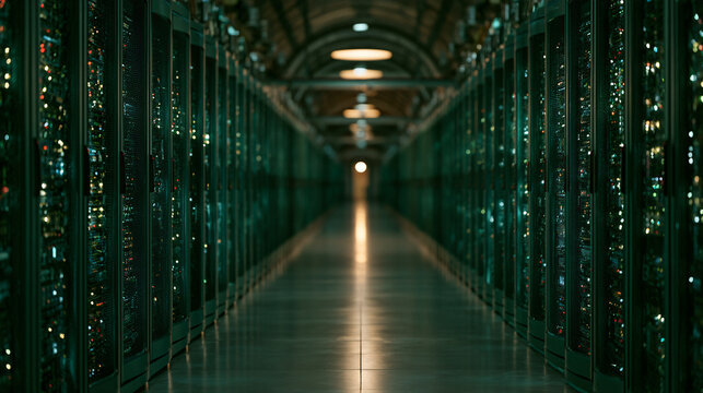 Rows of high-performance server racks in a futuristic cloud data center tunnel