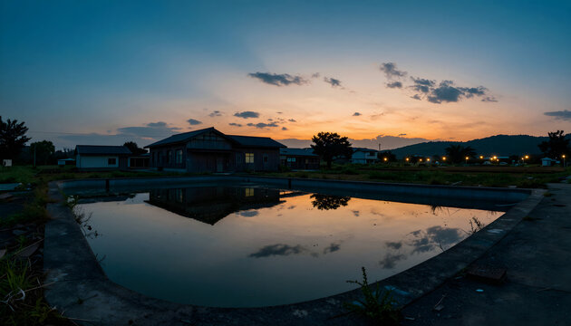 Abandoned rural school swimming pool filled with still rainwater mirroring sunset clouds in the Japanese countryside