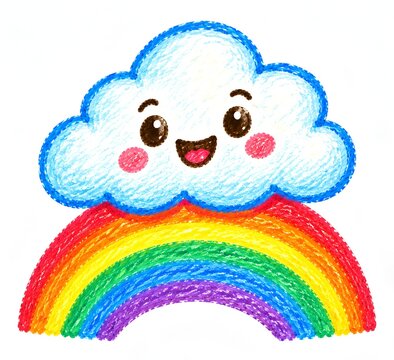 Cute Smiling Cloud with Colorful Rainbow Crayon Drawing Illustration
