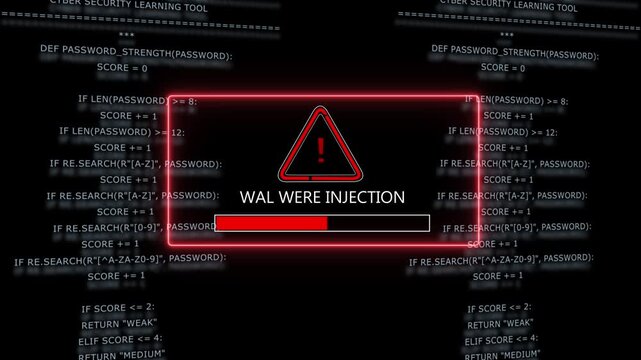 Cyber security alert warning featuring a critical sql injection attack warning message with a loading progress bar overlaying complex programming source code background, for digital threat analysis