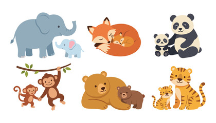 Obraz premium Cute animal mothers and babies vector illustration set with flat cartoon wild creatures isolated on white