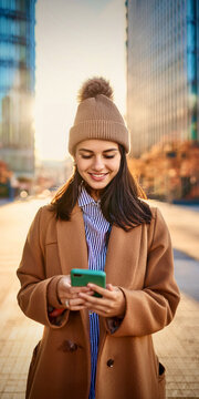 都会的でスマホを使うファッショナブルな秋の装いの女性