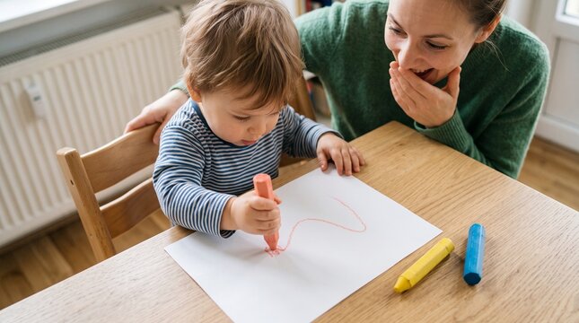 Toddler making first crayon mark, Parent celebrating early drawing milestone, Creative childhood development at home, Colorful minimal art lifestyle photograph