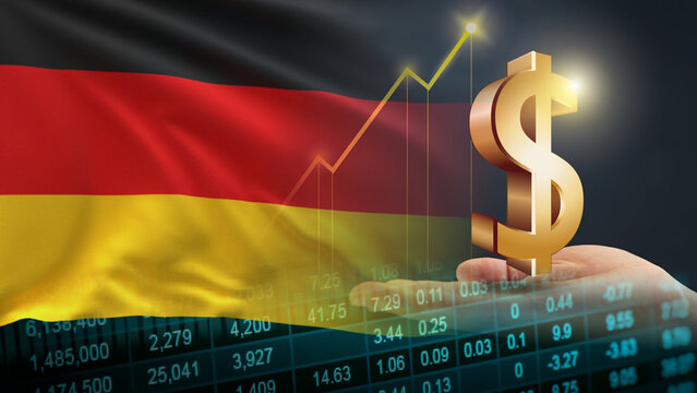 Germany's macroeconomy growth and financial infrastructure dollar capital investment, featuring a large golden US dollar symbol model held over rising trend line graphics, a superimposed German 