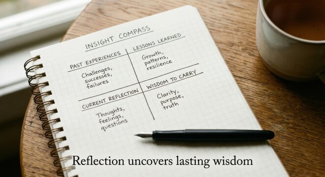 Insight Compass on Notebook Paper with Pen, Demonstrating Personal Growth and Wisdom