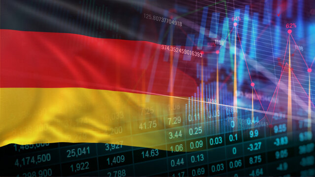 Germany's stock market business trends and financial infrastructure data investment, featuring a superimposed German national flag over glowing multi-colored line charts, stock tickers
