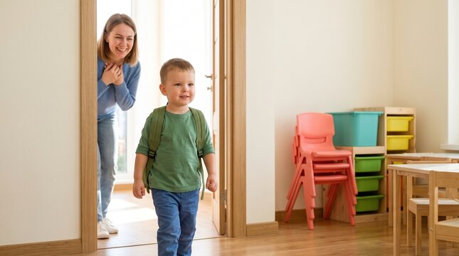 Child entering preschool independently, Parent watching first classroom milestone, Early education transition moment, Colorful minimal school lifestyle photograph