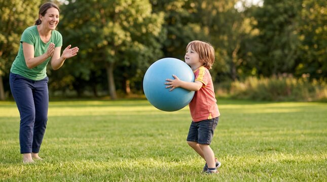 Child catching ball successfully, Parent celebrating coordination milestone, Active childhood achievement outdoors, Colorful clean family lifestyle scene