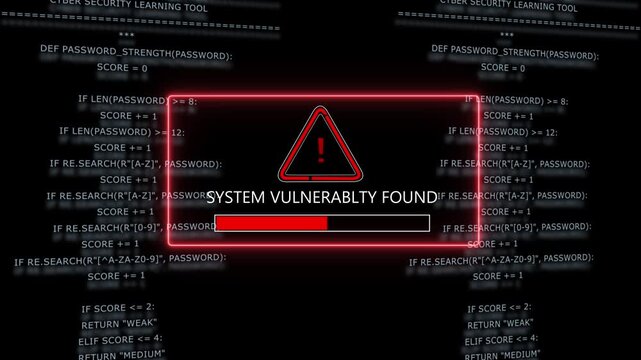Critical system vulnerability found alert with red warning and progress bar overlaying scrolling python programming code background, for cybersecurity data, breach and network, security threat concept
