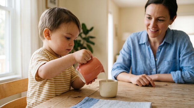 Child pouring drink independently, Parent celebrating practical life milestone, Early childhood self care achievement, Colorful minimal kitchen lifestyle scene