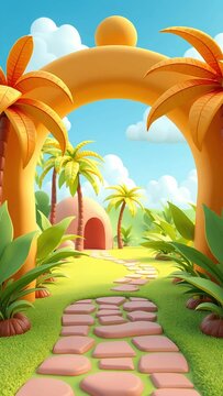 Cartoon landscape with a stone path leading to a domed house under a bright sun