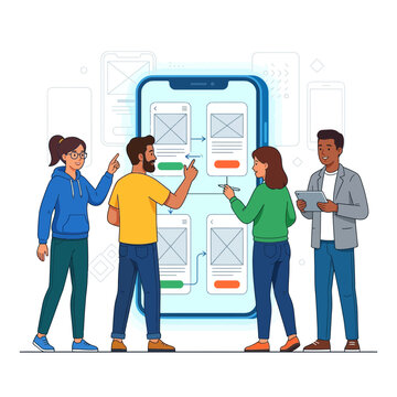Diverse team collaborating on mobile app UI UX design, wireframing, and user flow development.
