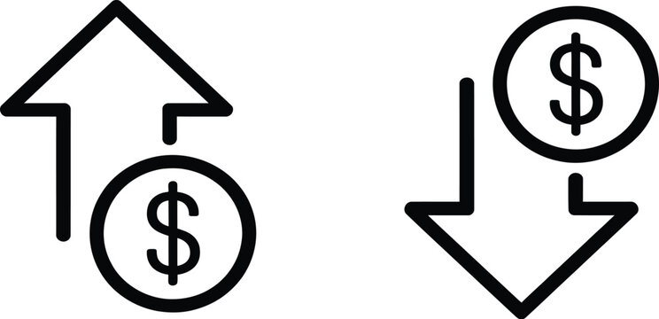 Dollar value increases and decreases icon vector for financial growth, currency fluctuations, market trends, investment analysis, and business finance.
