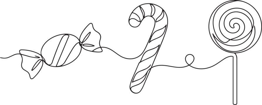 Continuous line drawing of candy cane and sweet lollipop