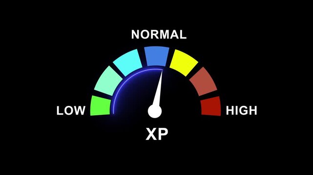 Dynamic xp experience points progress gauge meter animation with smooth needle movement indicating leveling up progress for game interface ui hud and interactive digital gamification systems