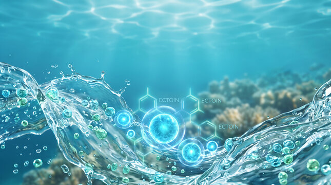 Underwater Ocean Water Wave with Glowing Ectoin Molecular Structure and Microbubbles for Marine Skincare Concept