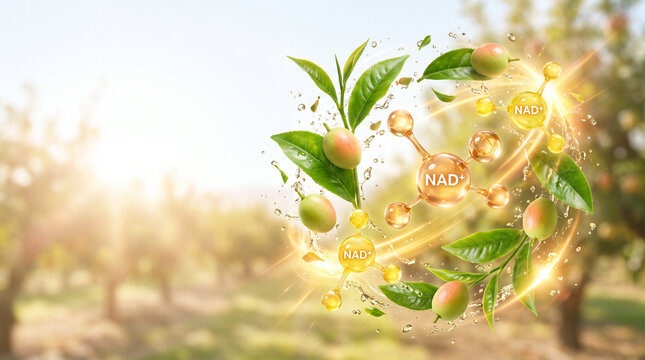 Fresh Kakadu Plum and Green Tea Leaves with Radiant NAD Plus Molecules in Sunny Orchard for Anti Aging Skincare Concept