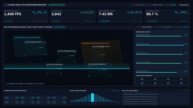 Advanced ai video analytics processing monitor for real-time object tracking spatial analysis dashboards, for modern industrial automation, smart technology, data management systems