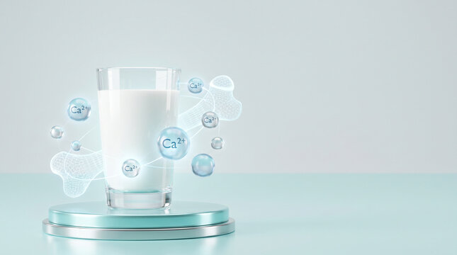 Glass of Fresh Milk on Podium with Calcium Ion Molecules and Bone Lattice for Bone Health and Nutrition Concept