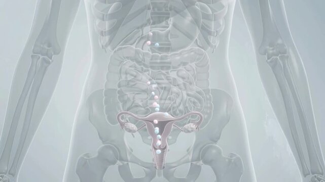 3D medical illustration of female reproductive system with glowing spheres.