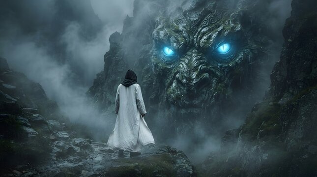 Ancient mystical being with glowing eyes looming over a robed figure on a misty mountain path, evoking a sense of fantasy and adventure