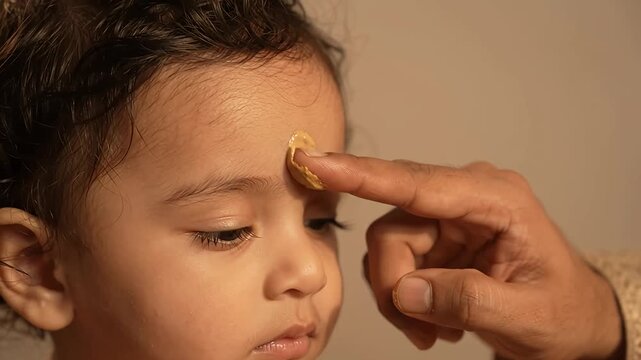 Adult hand applying yellow sandalwood paste tilak on Indian child forehead during religious ritual