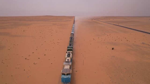 Aerial View of Long Iron Ore Train Crossing the Sahara Desert in Mauritania