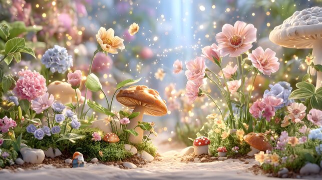 Pastel Little Garden Aesthetic Wallpaper Enchanted Fairy Garden with Mushrooms and Flowers Cute Botanical Garden Digital Background Dreamy Floral Nature Wallpaper for Cozy Spaces