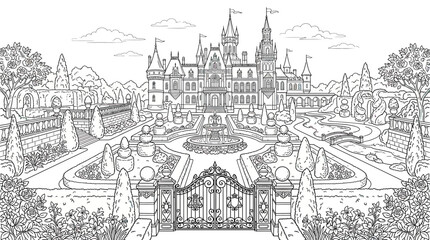 Obraz premium Intricate Castle and Garden Line Art